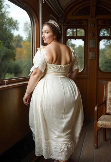 score_9, rating_safe, SFW, baroque painting, detailed face,
backside, 1girl, big breasts, thick thighs, gigantic hips, plump, plump belly, wearing a cute dress, standing on the train, blurry trees outside the window, from behind,
themes of lust and desire, dynamic light, detailed shadows