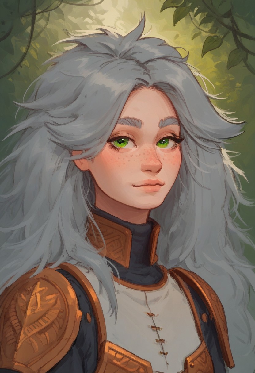 score_9, score_8_up, score_8_up, girl, cute 18yo girl, alone, sunny day, forest, 
perfect face, pale skin, bright green eyes, gray hair, lush split ends, voluminous hairstyle, very long hair, freckles, freckled body, perfect anatomy, (perfect eyes, (green eyes), expressive eyes, eyes of the same color),
 ((amazon)), ((seductive)), cute pert ass, exposed skin,armor, sweet smile, warrior, cute face, ((slender body)),