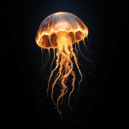 jellyfish made out of singular intricately flowing light strands against a black background, swirling particles, abstract graphics, contours of a burning tree hidden in smoke, majestic, concept art, flowing light, glowing dust