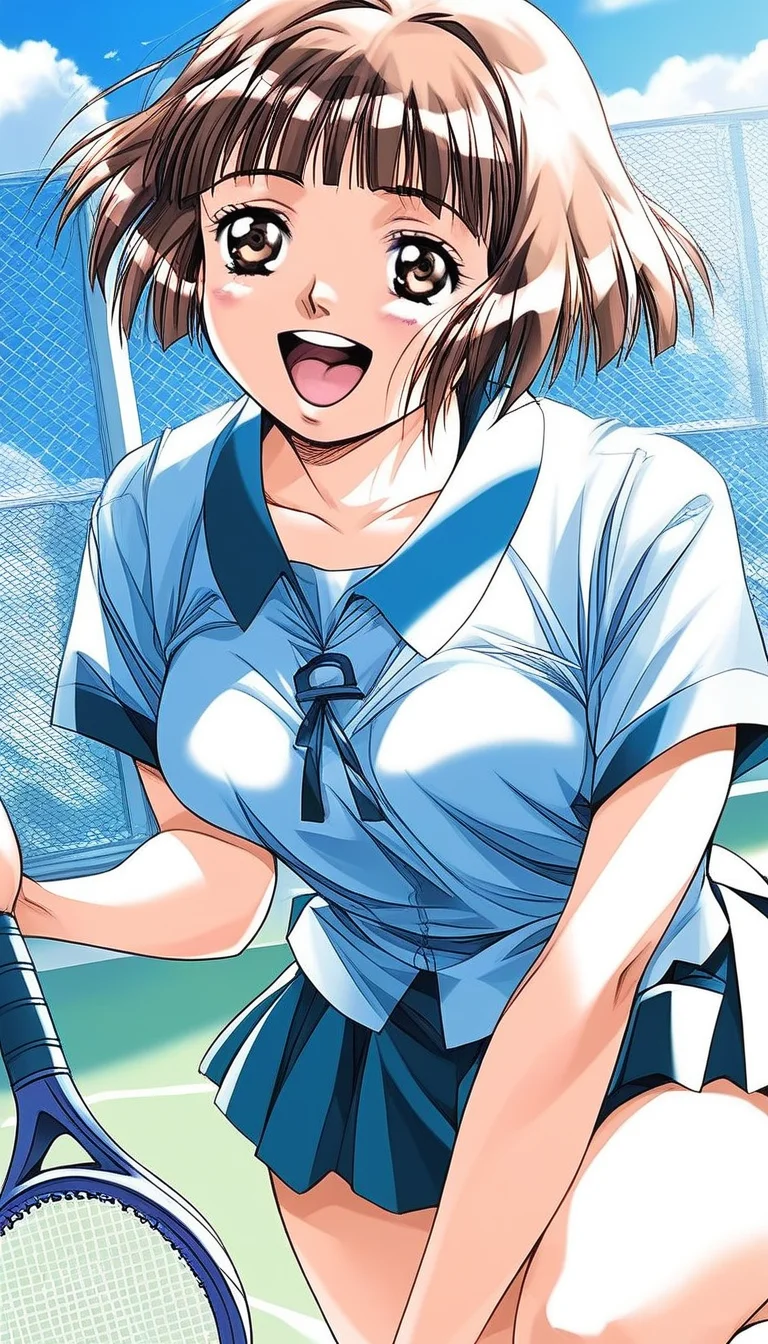 score_9, score_8_up, score_7_up, source_anime, rating_explicit, BREAK <lora:Tsuzuki_Kozue_XL:1>Tsuzuki_Kozue, brown hair, short hair, brown eyes, blunt bangs, medium breasts,
1girl, solo, plays tennis,laugh,thighs,
day, school,