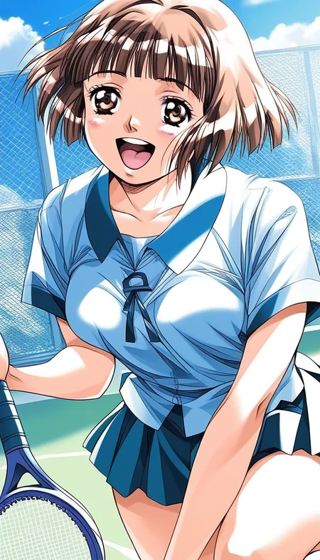 score_9, score_8_up, score_7_up, source_anime, rating_explicit, BREAK <lora:Tsuzuki_Kozue_XL:1>Tsuzuki_Kozue, brown hair, short hair, brown eyes, blunt bangs, medium breasts,
1girl, solo, plays tennis,laugh,thighs,
day, school,