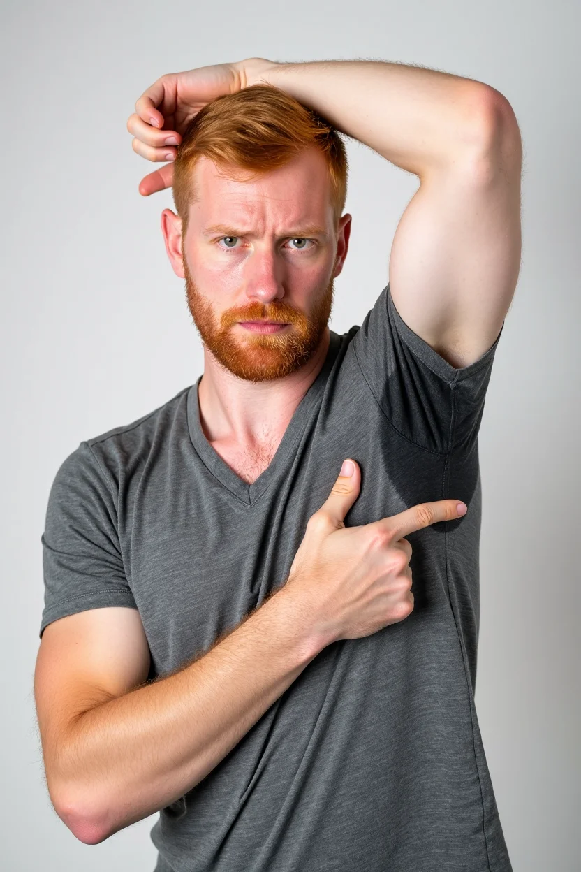 A Irish man in a gray t-shirt is pointing to his armpit (sweat:1.3). He has short [ginger::0.5] hair. The background is white and he appears to be in a studio setting with a camera angle that captures his upper body and face from the chest up. The image has been cropped to focus on the man's face and upper body., He is wearing a gray short-sleeved t-Shirt. The man has a serious expression on his face., He is wearing a v-neck shirt. The image is a close-up of the man's upper body. The camera is positioned at a medium distance from the man. The lighting is even., the arms are raised. the body is slim. the hair is short. the eyes are dark., stubble beard, Caucasian, 4k uhd, dslr, soft light, high quality, Fujifilm XT3 
 <lora:flux\clothes\Sweaty Shirt Flux v6 rmrg_preset8.safetensors:0.9:0.9> <lora:flux\clothes\Sweaty Shirt flux v5.5 rmrg_preset7.safetensors:0.4:0.4>