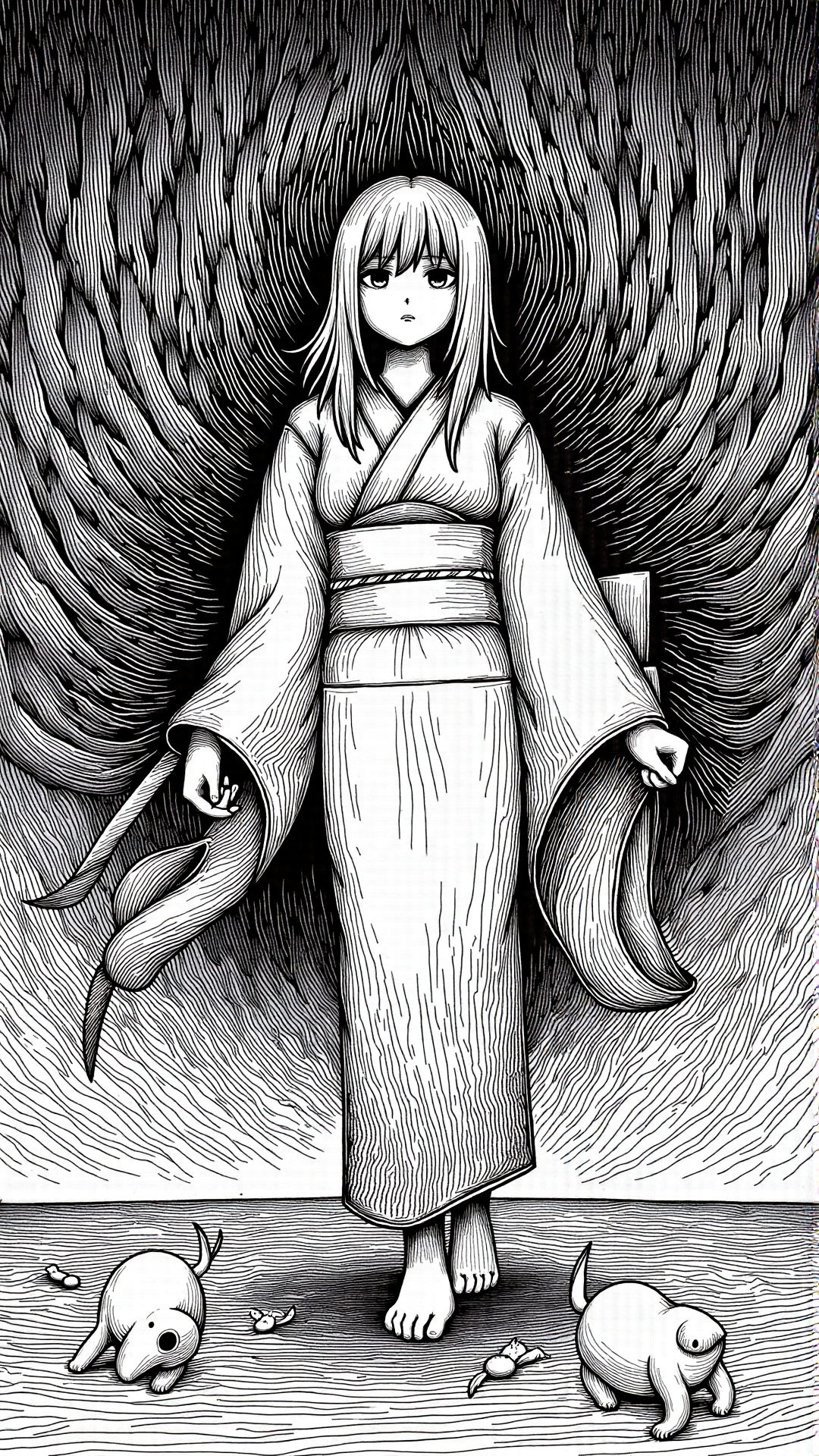 monochrome, lineart, dark, horror, Yukata<lora:vorticaFlux:0.9>