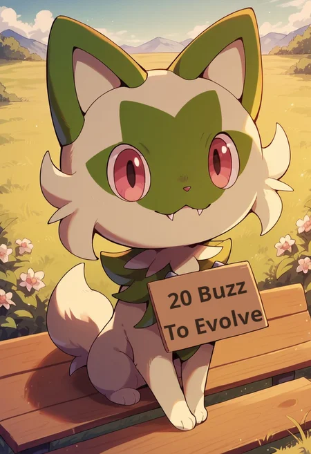 score_9, score_8_up, score_7_up, source_anime, solo, feral,  pokemon (creature), no humans, pink eyes, cat, furry, fangs, full body, standing, closed mouth, smile, Sitting on a bench over looking a open field, Holding sign that says (((text:"Need Buzz"))))
