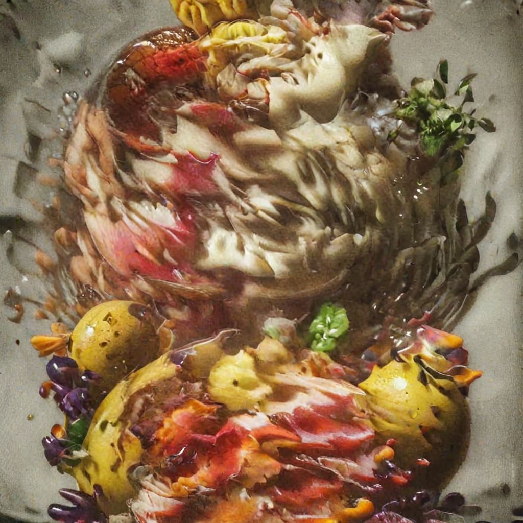 An award winning portrait photograph, a gorgeous brunette woman, by Rembrandt, gravitational lensing, hoph fibration bundles distortion of features of fruit, watermelon, apples, grapes, pears, figs, fern, flowers, flies, Leica M3, strobe flash, 3d stereoscopic color photograph,