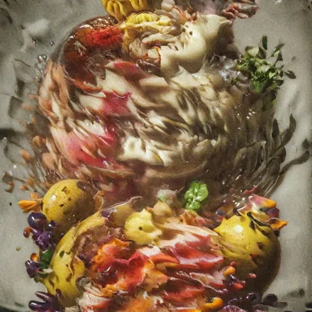 An award winning portrait photograph, a gorgeous brunette woman, by Rembrandt, gravitational lensing, hoph fibration bundles distortion of features of fruit, watermelon, apples, grapes, pears, figs, fern, flowers, flies, Leica M3, strobe flash, 3d stereoscopic color photograph,
