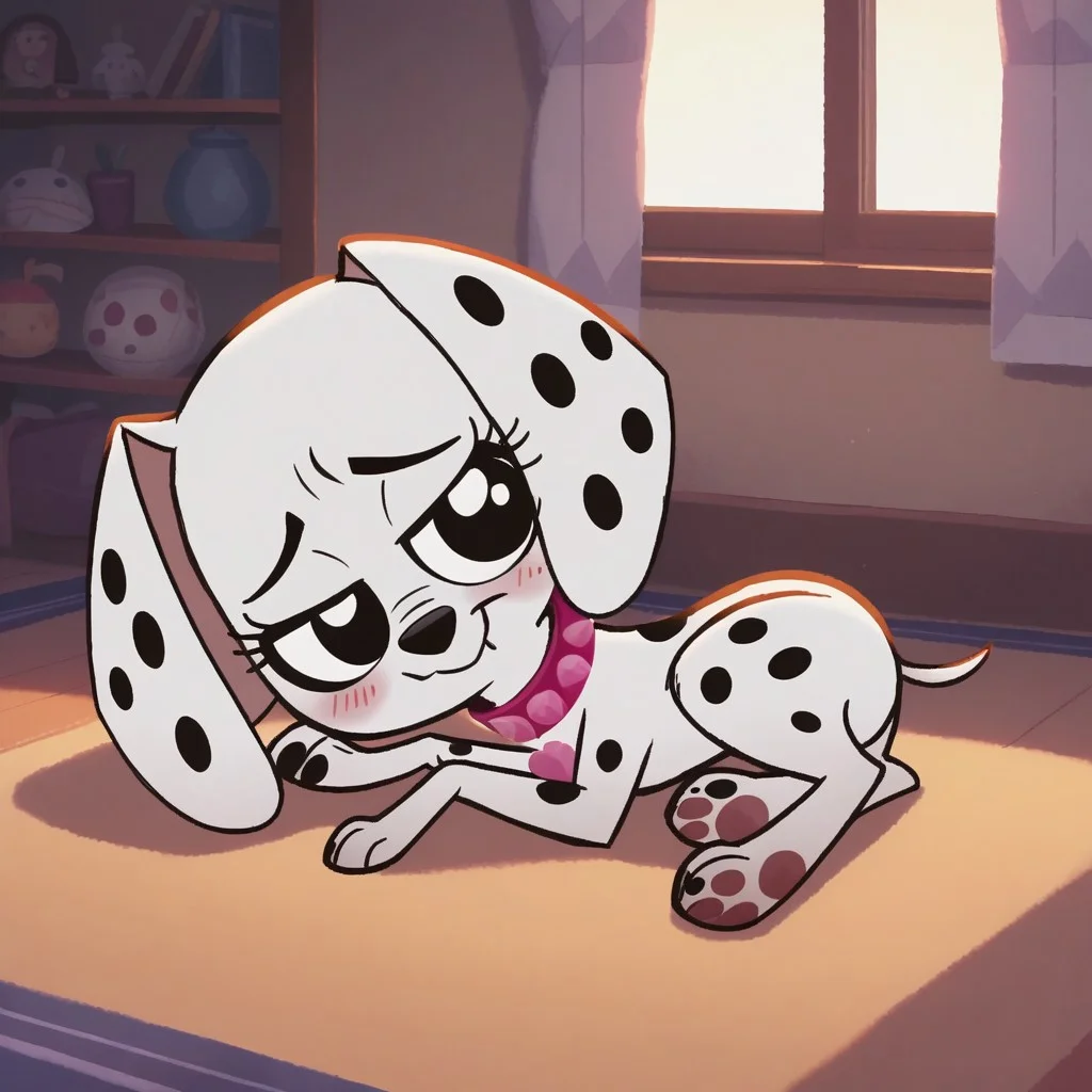 score_9, score_8_up, score_7_up, <lora:Triple_D:1> triple_D, dalmatian, feral, pink collar, blush, smile, room, lying,