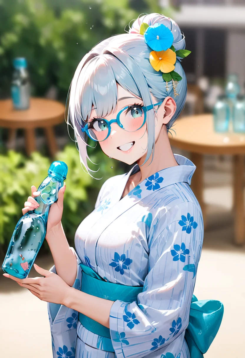 masterpiece, best quality, very aesthetic, absurdres,
ramune, food, bottle, 1girl, solo, holding bottle, blurry background, depth of field, holding, glasses, happy, smile, yukata, uchiwa, hair bun, hair ornament, hair flower
<lora:ramune_SDXL_V1:1>