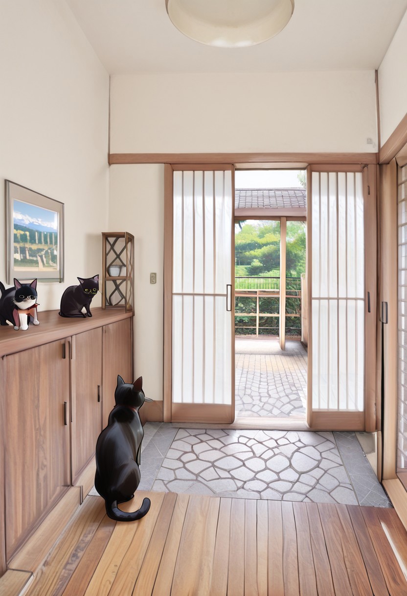 great quality,almic,(akakura,ogipote,:0.75),(karlyn:0.7),great quality, front door, sliding doors, indoors, no humans, photo background, grey floor,pavement,wooden floor,white wall,wooden shelf,cat, black cat, scenery