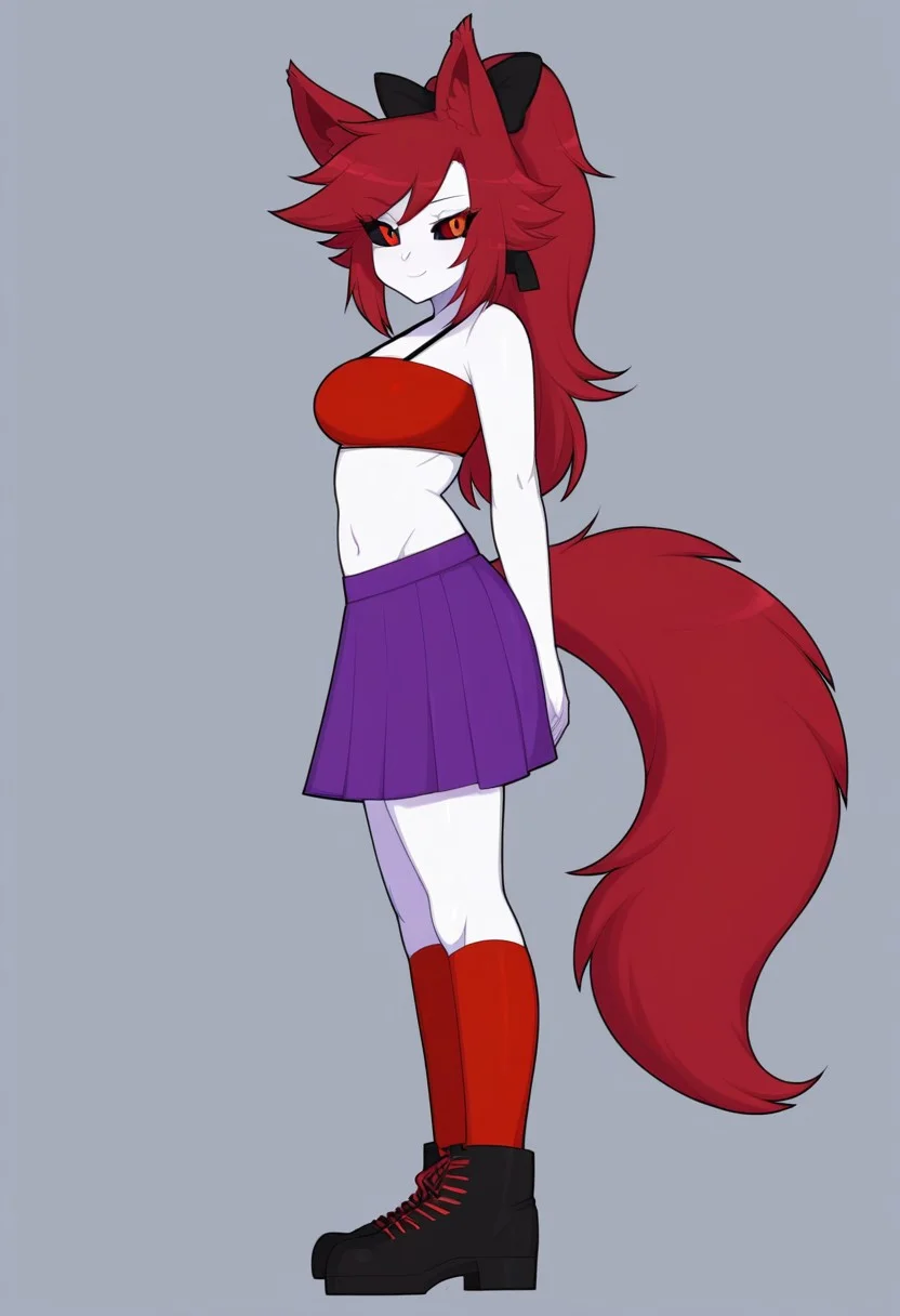 Masterpiece, High quality, Best quality, perfect eyes, perfect body, Very good quality, Oc, solo, 1girl, tall, adult, animal ears, tall wolf ears, colored sclera, wolf tail, red wolf tail with white mark on tip of tail, ((red wold tail)) purple skirt, red bikini, black sclera, ((Black sclera)) Red pupils, long red hair, long red ponytail, pink hair bow, red hair, midriff, white colored skin, ((white skin)), navel, red socks, small black shoes, standing, side view