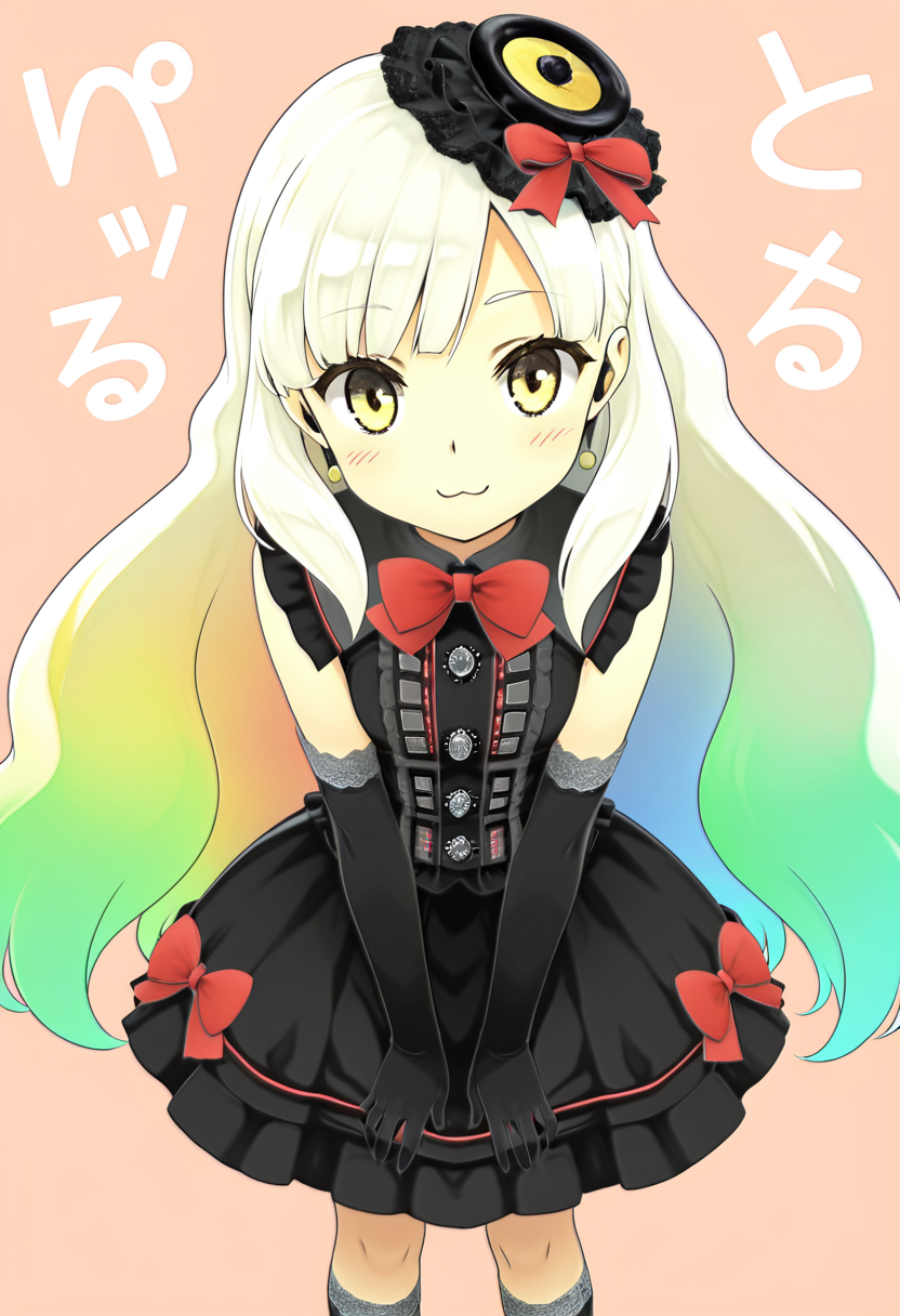 masterpiece, best quality, 1girl, solo,  zzMayu, yellow eyes, blonde hair, gradient hair, green hair, hair ornament, long hair, multicolored hair, rainbow hair, white hair,   dress, bow, hat, elbow gloves, kneehighs, lfashion, gothic,   smile, :3, leaning forward, portrait, close up, foreshortening,  narrow waist, cute background,  , <lora:MAYULoveLogic_IXL:1.0>,