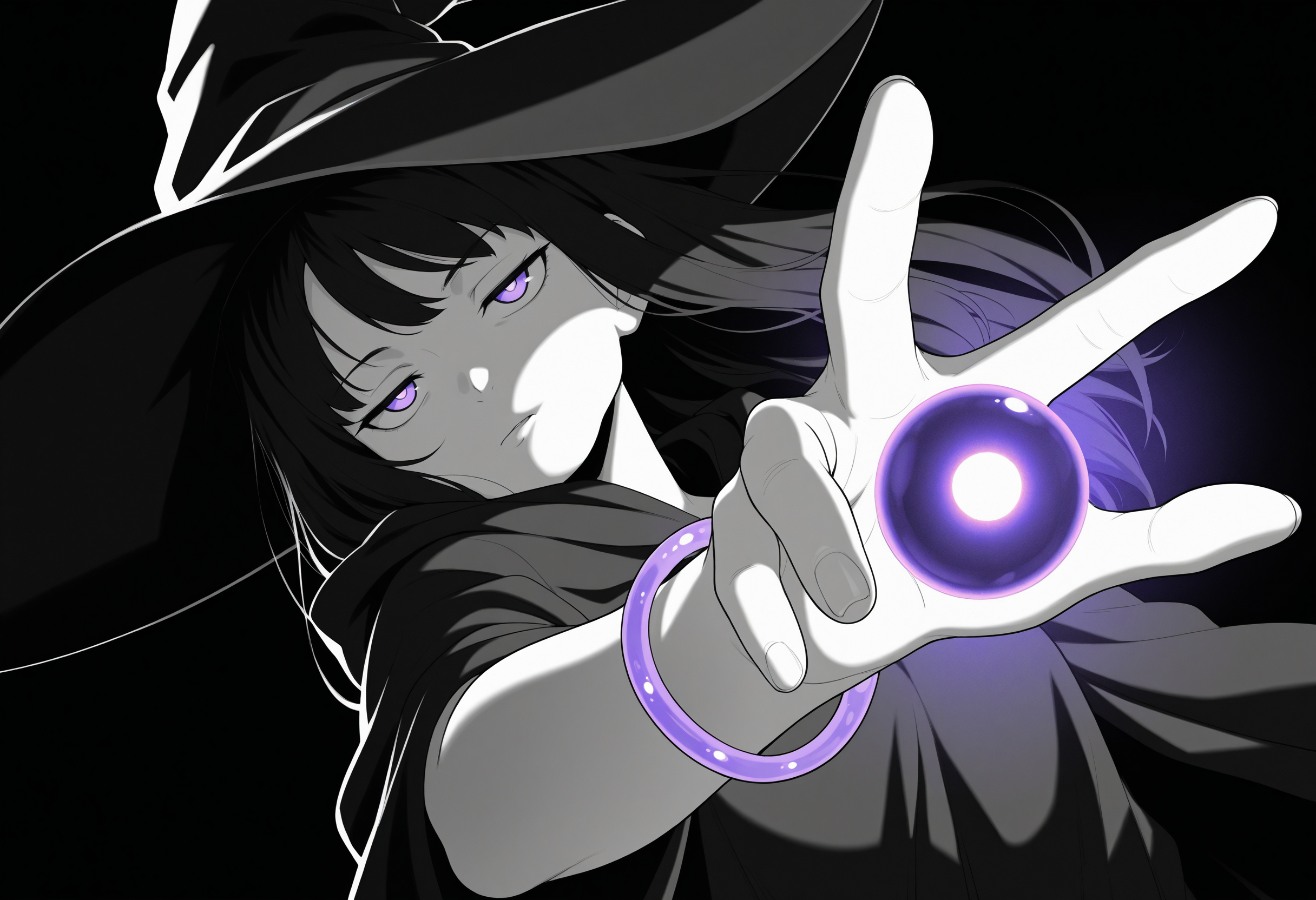 masterpiece, best quality, amazing quality, very aesthetic, high resolution, very awa,
dynamic pose, dutch angle, clear picture, uncensored, anime coloring,  [realistic::0.4],
two-finger, upper body, perspective, monochrome, greyscale, partially colored, glowing purple bracelet, glowing purple eyes, orb, jitome, witch hat, reaching, hand focus, film grain