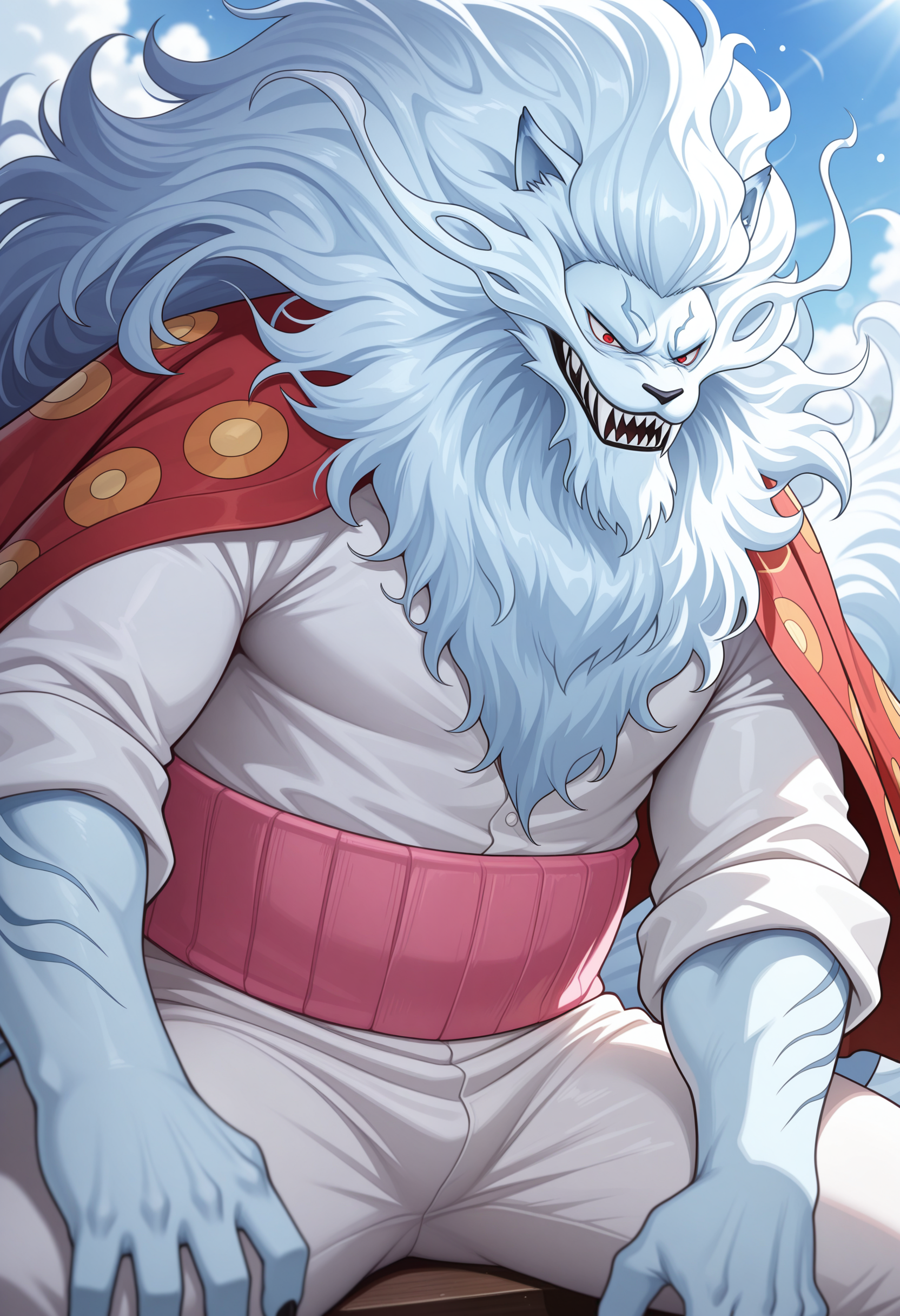 masterpiece, best quality, amazing quality, solo, 1boy, NekomamushiOP, red eyes, sulong, pink waistband, kimono over shoulders, white pants, white shirt, 