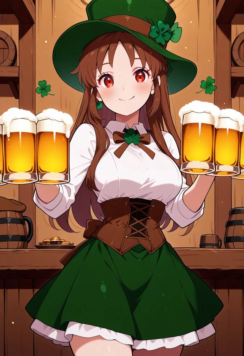 masterpiece, best quality, looking at viewer, smile, 1girl, solo(beautiful eyes), C0utur3Cr4z3, green hat, corset, green skirt, long sleeves, collared dress, solo, smile, looking at viewer, cowboy shot, ShamrockWorld, clover, four-leaf clover, beer mug, UraKanna, red eyes, long hair, brown hair,