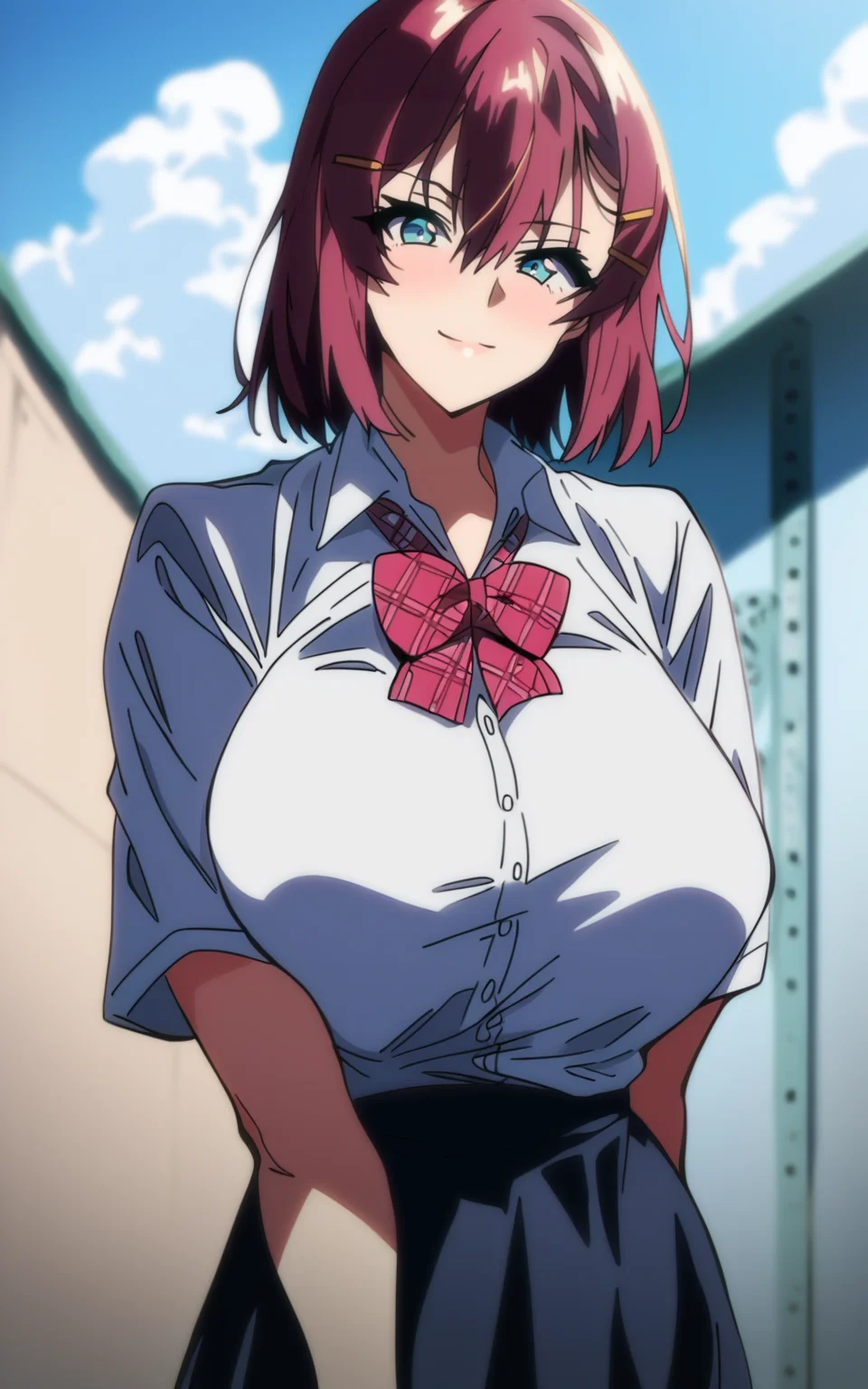 score_9, score_8_up, score_7_up, score_6_up, score_5_up, score_4_up, akntsusmr artstyle, 1girl, solo, akanenanao, red hair, short hair, hairclip, blue eyes, blush, bow, hair between eyes, school uniform, white shirt, collared shirt, bowtie, red bow, plaid, red bowtie, plaid bow, plaid bowtie, black skirt, (standing), closed mouth, smile, huge breasts, (standing), (cowboy shot), outdoors, rooftop, sky, clouds, looking at viewer, <lora:akanenanao-v2:1>