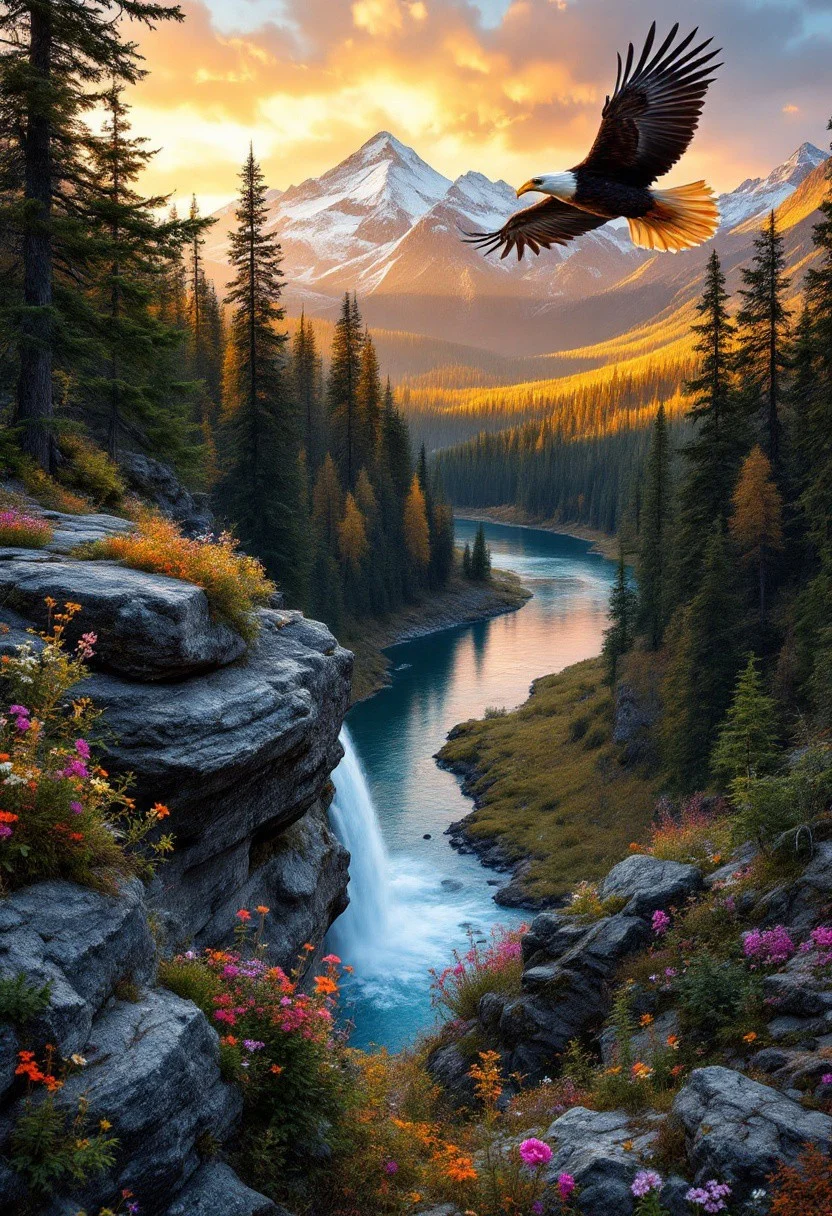 In the warm light of sunset, a majestic eagle soars overhead as the American wilderness unfolds before us. A rugged rocky outcrop, adorned with vibrant wildflowers, overlooks the serene river winding through the valley below. The forest's towering trees, their leaves tinged with autumn's warm hues, stretch towards the sky. A cascading waterfall feeds into the river, its gentle melody a symphony of nature. In the background, snow-capped peaks rise majestically, bathed in the golden light of sunset, their mirrored reflections rippling across the tranquil waters.
The rocky outcrop's rough texture is juxtaposed with the delicate petals of the wildflowers, while the forest's intricate foliage and the eagle's soft plumage contrast with the river's smooth surface. The warm lighting casts a soft glow on the landscape, inviting contemplation and awe. Every element contributes to a harmonious composition that celebrates the grandeur and tranquility of this vast, untamed wilderness.