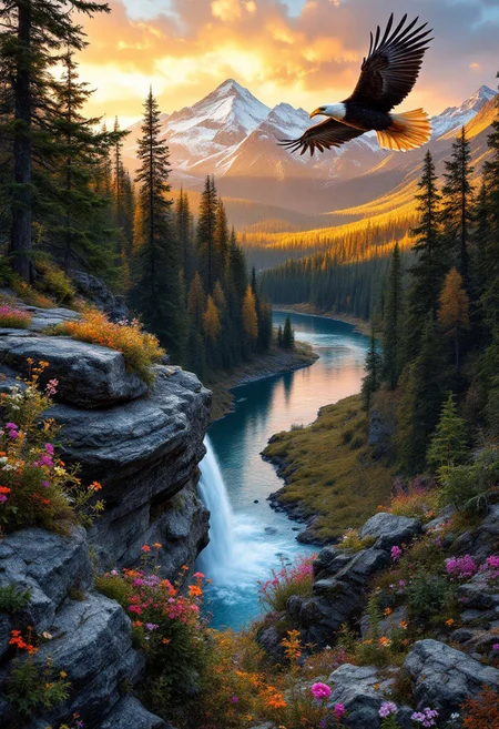 In the warm light of sunset, a majestic eagle soars overhead as the American wilderness unfolds before us. A rugged rocky outcrop, adorned with vibrant wildflowers, overlooks the serene river winding through the valley below. The forest's towering trees, their leaves tinged with autumn's warm hues, stretch towards the sky. A cascading waterfall feeds into the river, its gentle melody a symphony of nature. In the background, snow-capped peaks rise majestically, bathed in the golden light of sunset, their mirrored reflections rippling across the tranquil waters.
The rocky outcrop's rough texture is juxtaposed with the delicate petals of the wildflowers, while the forest's intricate foliage and the eagle's soft plumage contrast with the river's smooth surface. The warm lighting casts a soft glow on the landscape, inviting contemplation and awe. Every element contributes to a harmonious composition that celebrates the grandeur and tranquility of this vast, untamed wilderness.