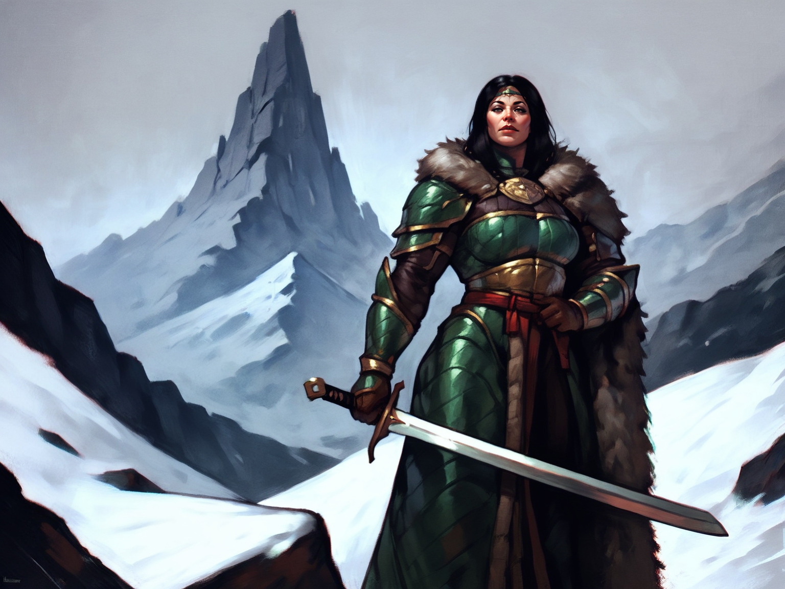 adult woman, mature, black hair, muscular female, green armor, gloves, pauldrons, holding sword, fur cape, standing, snow, mountains, solo, <lora:JanRockStyle:0.8>, score_9, score_8_up, score_7_up