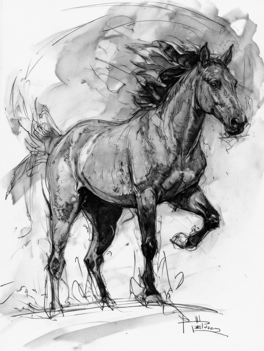 Art by Patrick Jones. Shading, Freehand Drawing, Loose Lines, Gestural, Outline. A black and white, monochrome, pencil drawing of a horse in a dynamic pose. the horse is standing on all fours, with its full body facing the viewer and its mane flowing in the wind. it has a muscular, athletic build with a prominent mane and tail, and its eyes are focused intently on the viewer. the background is a simple, abstract blend of light and dark tones, with a few brush strokes adding texture and depth to the overall composition. the artist's signature is visible in the bottom right corner of the image, adding a touch of realism to the otherwise monochromatic scene. the style is reminiscent of modern art, with bold lines and smooth shading that create a sense of movement and energy, making the horse appear almost lifelike.
