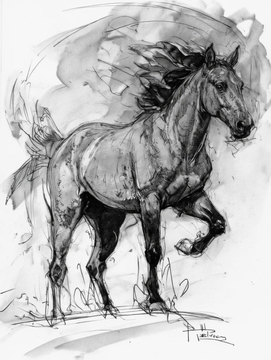 Art by Patrick Jones. Shading, Freehand Drawing, Loose Lines, Gestural, Outline. A black and white, monochrome, pencil drawing of a horse in a dynamic pose. the horse is standing on all fours, with its full body facing the viewer and its mane flowing in the wind. it has a muscular, athletic build with a prominent mane and tail, and its eyes are focused intently on the viewer. the background is a simple, abstract blend of light and dark tones, with a few brush strokes adding texture and depth to the overall composition. the artist's signature is visible in the bottom right corner of the image, adding a touch of realism to the otherwise monochromatic scene. the style is reminiscent of modern art, with bold lines and smooth shading that create a sense of movement and energy, making the horse appear almost lifelike.