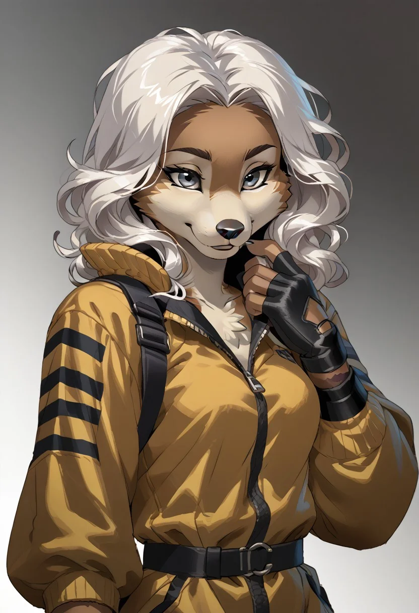 score_9, score_8_up, score_7_up, (by jailbird:1.5), (by kittydee:1.5), (by zummeng:1.5), masterpiece, best quality, (solo),
(Furry Art: anthro: echidna:1.5), 1girl, expressive eyes, feminine eyes, <lora:beautiful_detailed_eyes:1>, perfect face, brown body, long snout, yellow quills, claws, grey eyes, (white hair:1.5), (punk style hair), (asymmetrical haircut), medium breasts, (jumpsuit:1.5), (fingerless gloves:1.5),