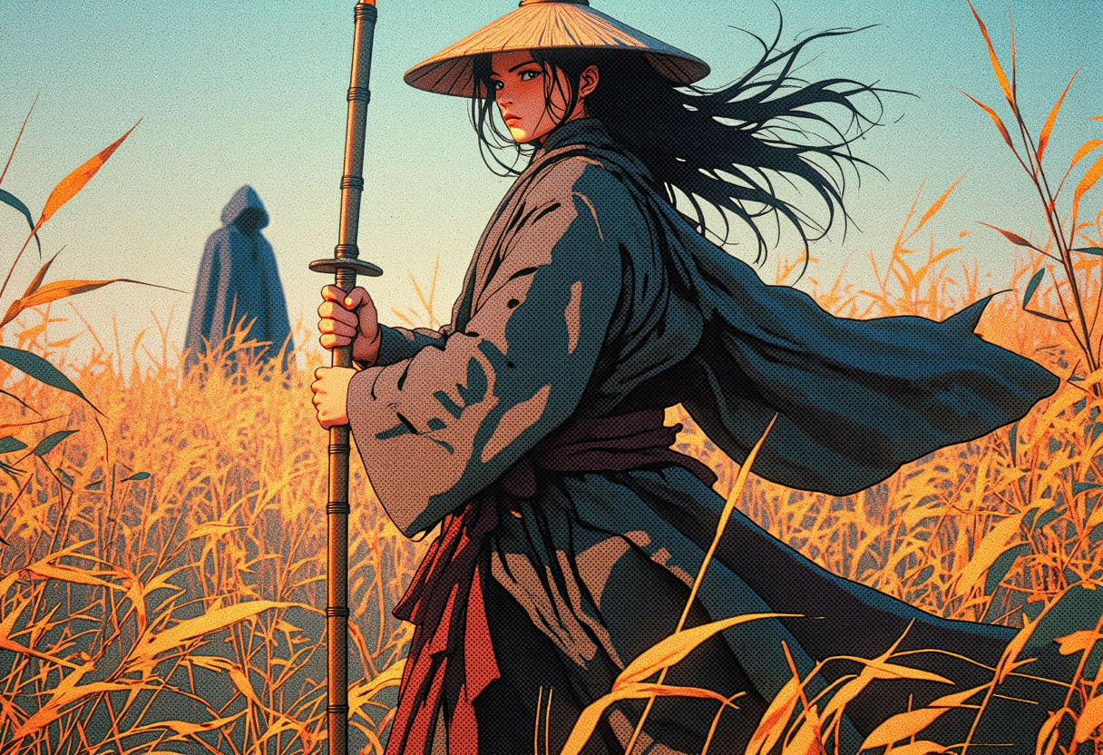 retro anime style, mythp0rt, In a dense field of swaying reeds, a female samurai stands ready for confrontation, gripping a long bamboo staff with both hands. Her eyes are fixed on a distant figure—a mysterious opponent draped in a black cloak and wearing a wide-brimmed bamboo hat. The wind sweeps through the tall reeds, bending them with its force, while also sending the samurai's flowing hair and oversized, tattered attire billowing around her. The bamboo staff she holds is steady and firm, an extension of her determined stance. Her gaze is sharp and unwavering, locked onto her opponent as the wind amplifies the sense of anticipation. The charged atmosphere signals that the imminent clash will be intense, with the entire landscape seeming to hold its breath in anticipation