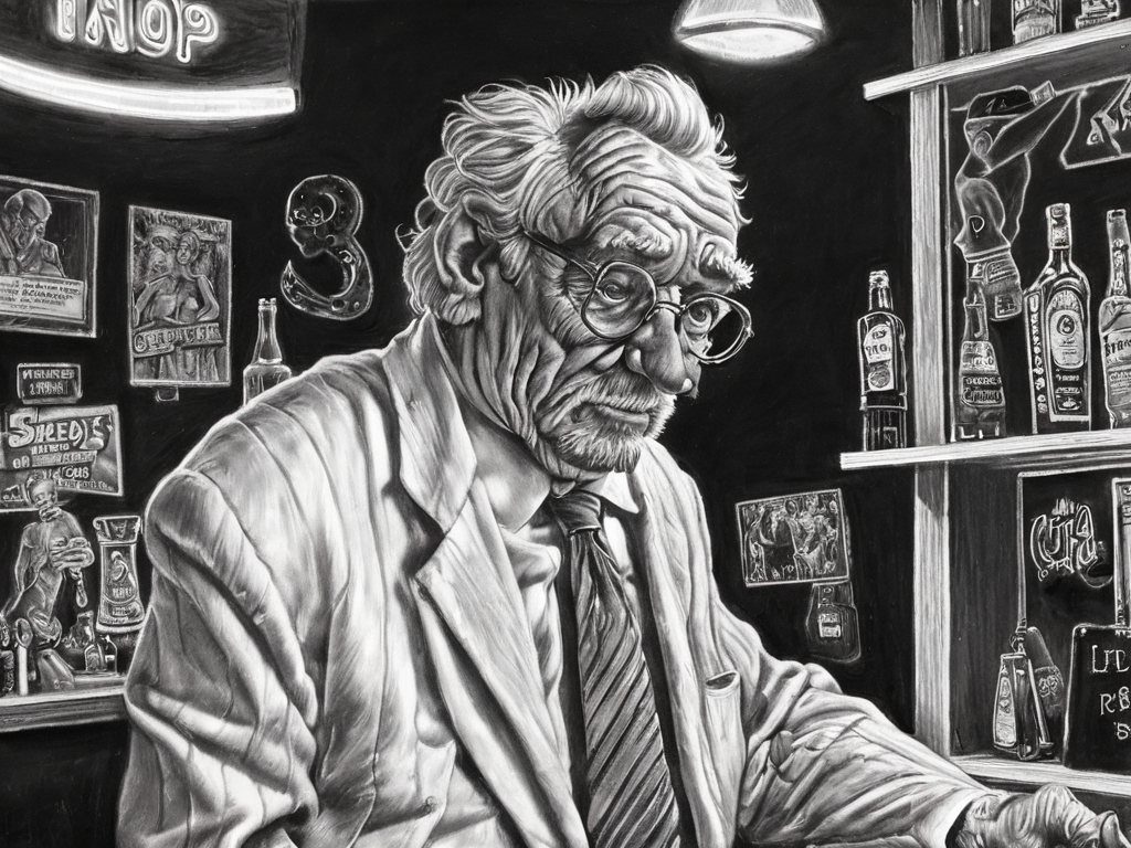 pencil art, old professor at strip club, strip girls, neon, <lora:Line-illustration:1.0>