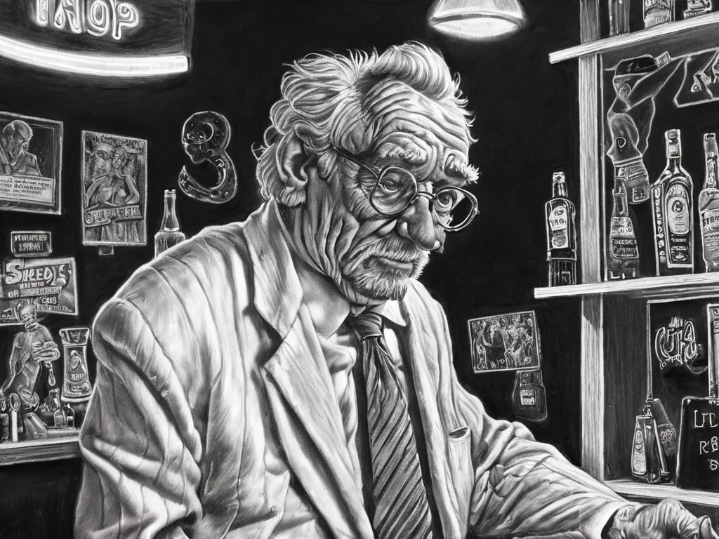 pencil art, old professor at strip club, strip girls, neon, <lora:Line-illustration:1.0>