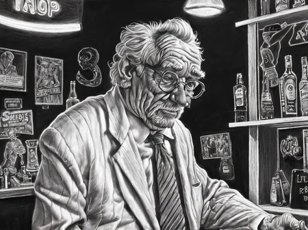 pencil art, old professor at strip club, strip girls, neon, <lora:Line-illustration:1.0>