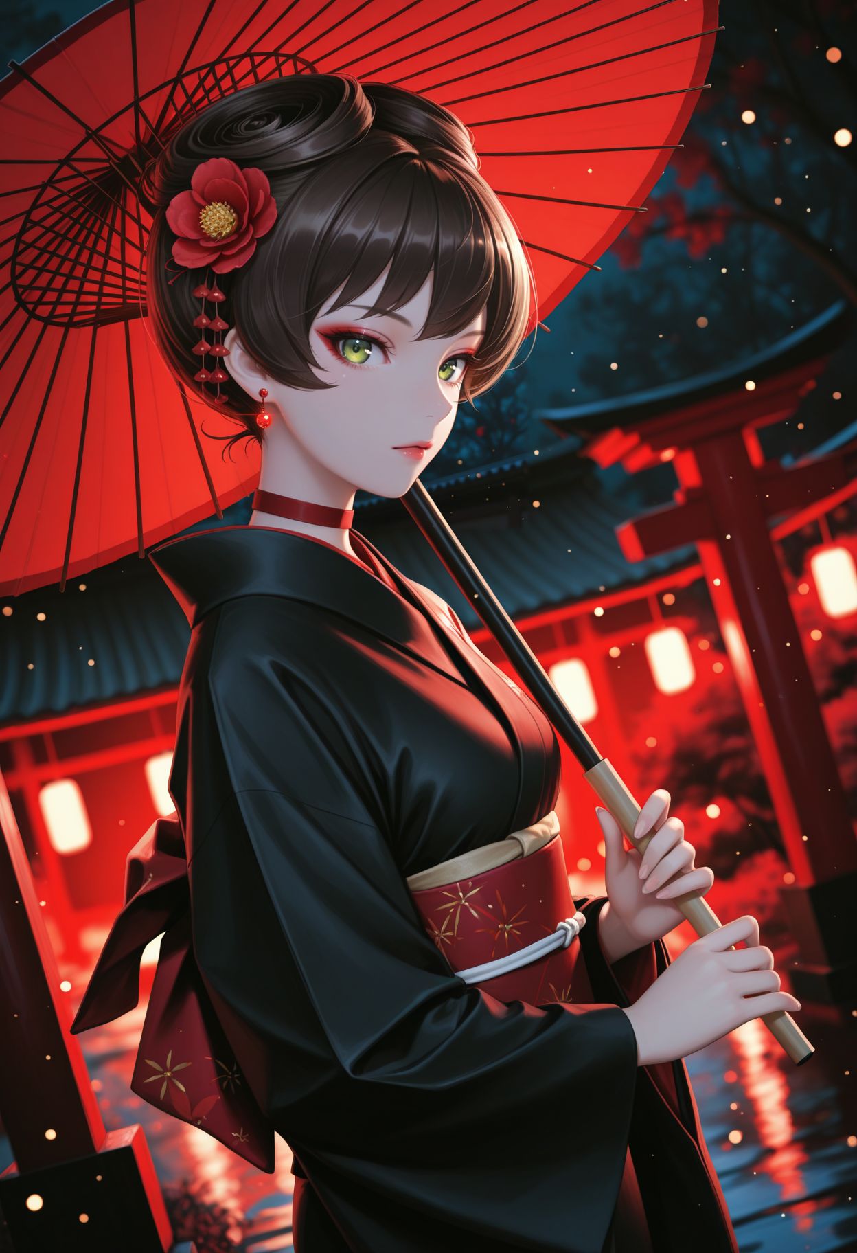 masterpiece,best quality,absurdres,highres,very aesthetic,high quality,detailed,insanely detailed,beautiful,perfect lighting, ,depth of field,blurry background,bokeh, looking at viewer, 
 <lora:Hosomi Shizuko  illu:1> 1girl, short hair, green eyes, brown hair, long sleeves, 
earrings, japanese clothes, choker, day, hair flower, kimono, character focus, tree, sash, makeup, umbrella, red flower, nature, holding umbrella, black kimono, oil-paper umbrella, red umbrella, red theme, glowing, ,dutch angle, dark background, (night:0.8), blurry background, glowing light particles, depth of field, from side, looking at viewer,
