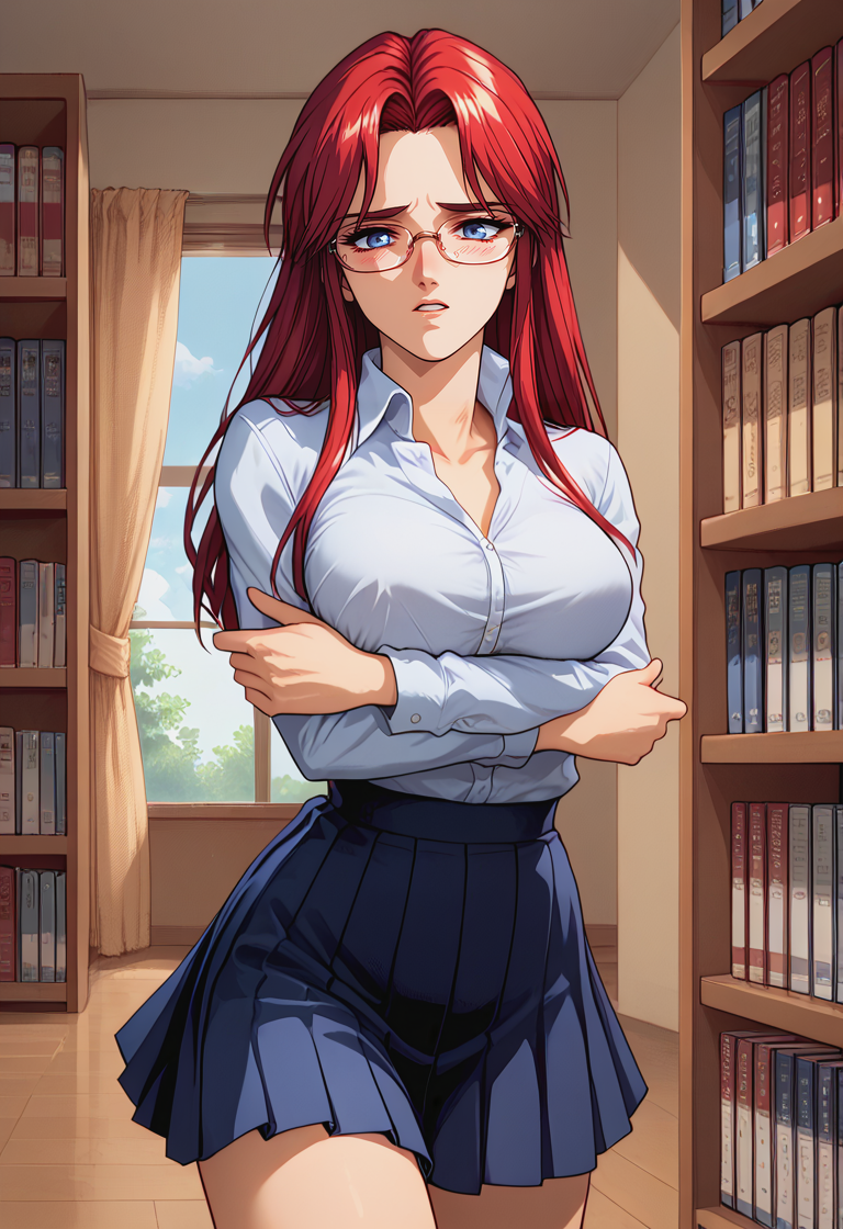 score_9, score_8_up, score_7_up, best quality, intricate details, rating explicit, BREAK 1girl,
<lora:Yuka_Ijima_Pony_v01:0.8> yukaijima, red hair, blue eyes, , Expressiveh <lora:Expressive_H-000001:0.8>  solo, book hug, crossed arms, collared shirt, pleated skirt, glasses, embarrassed, parted lips, blush, bookshelf,