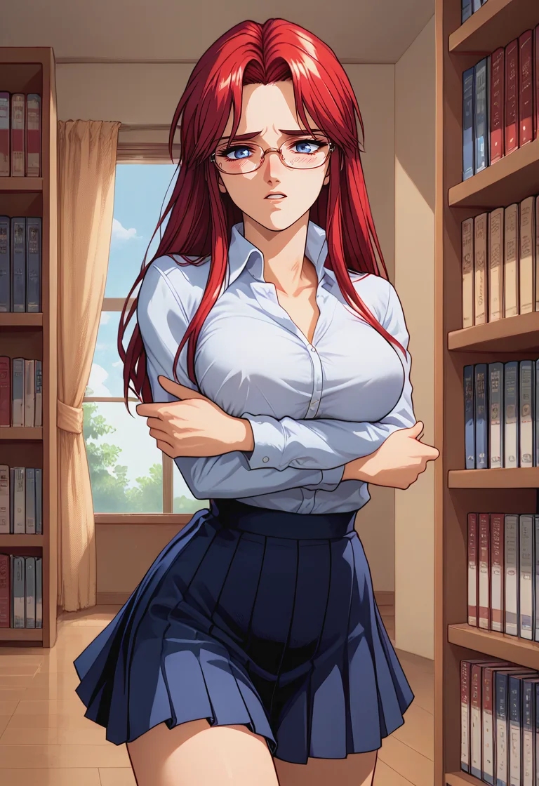 score_9, score_8_up, score_7_up, best quality, intricate details, rating explicit, BREAK 1girl,
<lora:Yuka_Ijima_Pony_v01:0.8> yukaijima, red hair, blue eyes, , Expressiveh <lora:Expressive_H-000001:0.8> solo, book hug, crossed arms, collared shirt, pleated skirt, glasses, embarrassed, parted lips, blush, bookshelf,