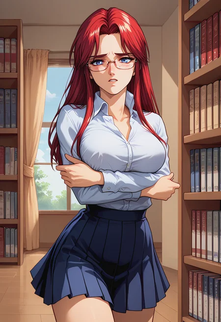 score_9, score_8_up, score_7_up, best quality, intricate details, rating explicit, BREAK 1girl,
<lora:Yuka_Ijima_Pony_v01:0.8> yukaijima, red hair, blue eyes, , Expressiveh <lora:Expressive_H-000001:0.8> solo, book hug, crossed arms, collared shirt, pleated skirt, glasses, embarrassed, parted lips, blush, bookshelf,