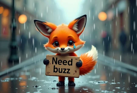 A cute, sad and crying foxgirl, standing in the rain while holding a cartboard sign that says "Need buzz"