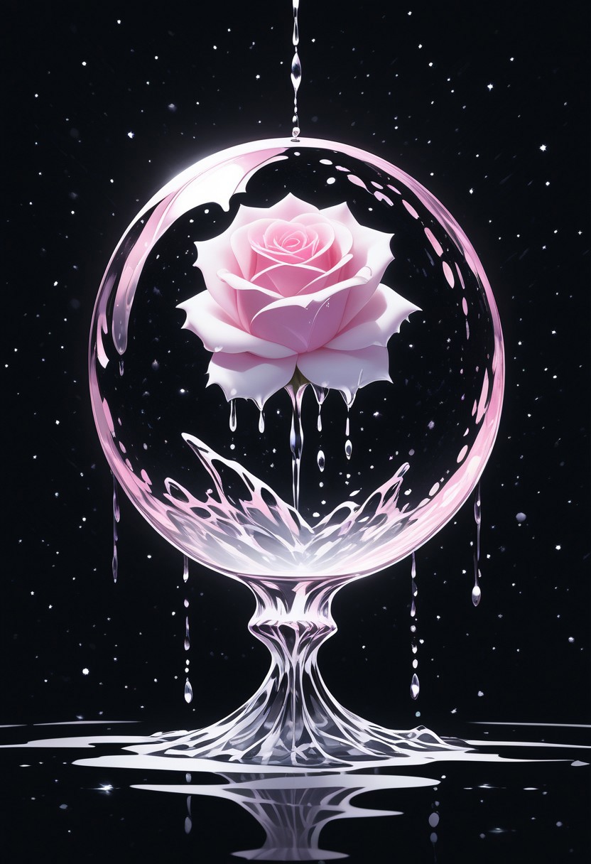 (masterpiece), best quality, Anime, Illustration, (Floating Sphere, Crystal, Magic, Reflection, Melting, Dripping, Pink Rose), Black Background, No Humans, Starry Theme, (Light Refraction), White and Pink Theme, Natural Lighting, Verynsty