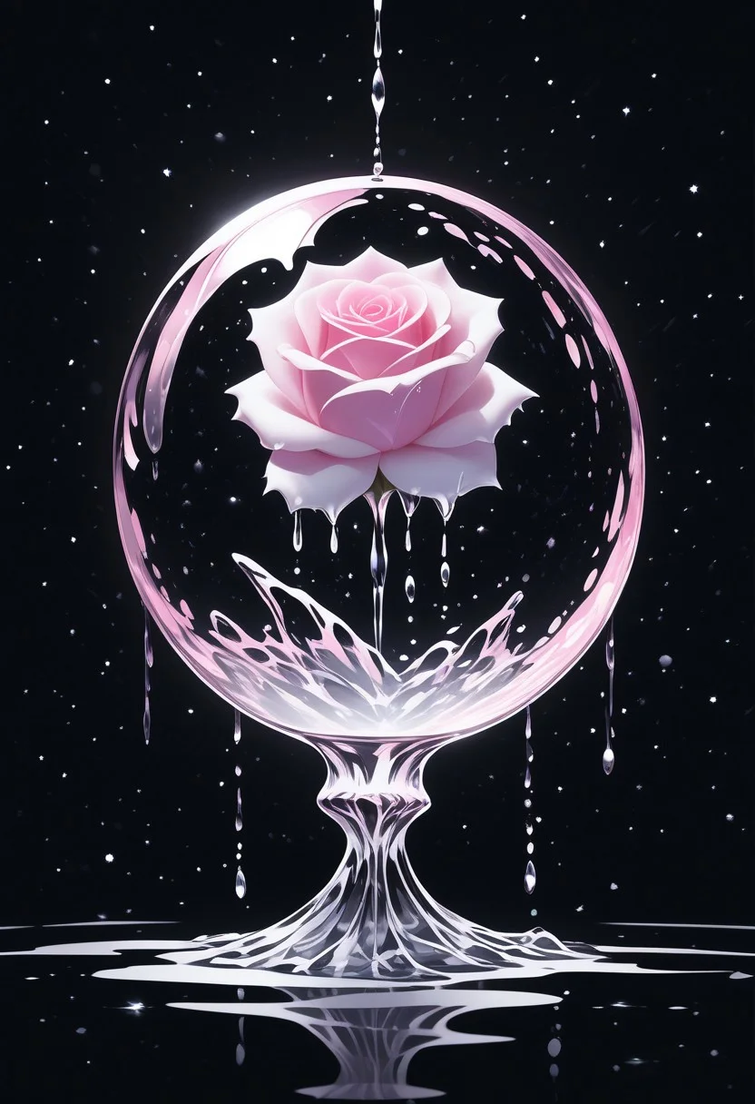 (masterpiece), best quality, Anime, Illustration, (Floating Sphere, Crystal, Magic, Reflection, Melting, Dripping, Pink Rose), Black Background, No Humans, Starry Theme, (Light Refraction), White and Pink Theme, Natural Lighting, Verynsty