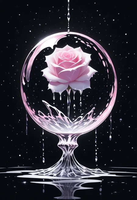 (masterpiece), best quality, Anime, Illustration, (Floating Sphere, Crystal, Magic, Reflection, Melting, Dripping, Pink Rose), Black Background, No Humans, Starry Theme, (Light Refraction), White and Pink Theme, Natural Lighting, Verynsty