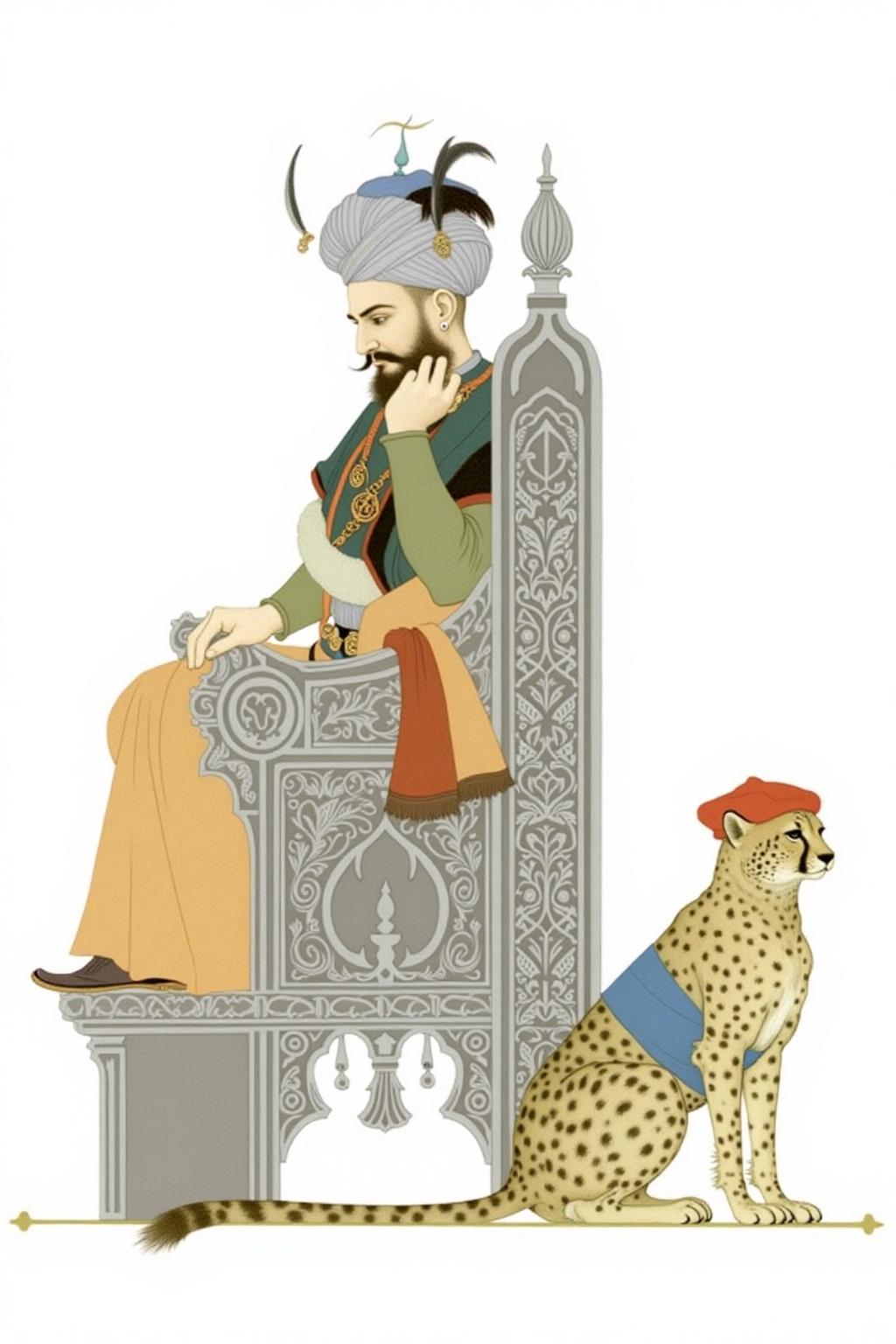 olgadugina1 illustration. 
A sultan, shown in side profile, is sitting on an intricately designed throne, dressed in traditional Arabian attire with a turban and robe. He is resting his head on his hand. Beside the throne, a cheetah sits upright wearing a blue sash and red beret. The background is plain. <lora:olgadugina2_cap_d6a3e9:1.0><lora:858099762673517488:0>