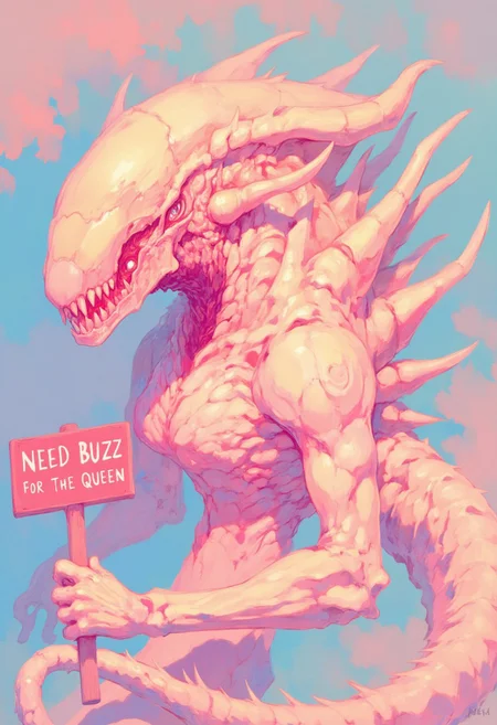 Tiny xenomorph holding a sign saying "Need buzz for the Queen" soft pastel anime