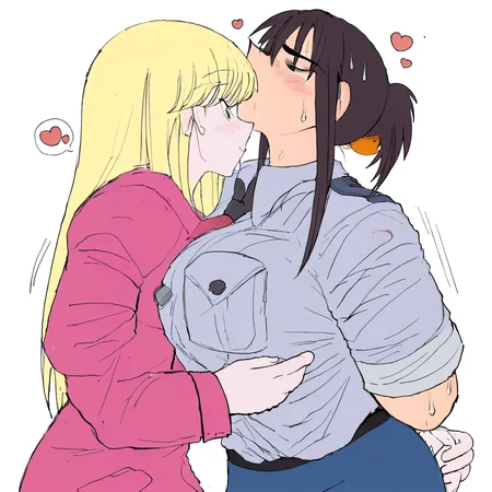 Character on the Left: This character has medium-length black hair, styled in a somewhat loose and messy manner. They are dressed in a blue shirt, possibly a work , which is slightly wrinkled, indicating some discomfort or awkwardness. The expression on their face is one of surprise or embarrassment, with visible sweat droplets on their face, reinforcing their unease. Their eyes are wide, and their mouth is open in a strained smile, suggesting that they are not entirely comfortable with the situation.  Character on the Right: This character has long blonde hair and is wearing a pink outfit, which appears to be tight-fitting and accentuates their figure. They have a confident and affectionate demeanor, evident in how they are kissing the other character on the cheek with closed eyes, signifying enjoyment or fondness.  is written near their mouth, along with heart symbols, further emphasizing the affectionate gesture. This character seems completely at ease and pleased with the situation.