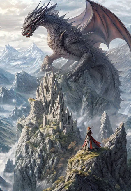 a dragon is standing on a mountain with a castle in the background and a woman standing on a rock, fantasy, enchanting, detailed