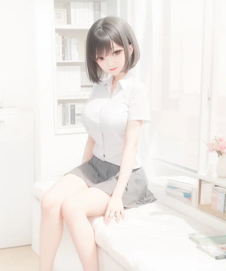 best quality, 1girl,sitting on the bed,indoors, windows back in the left,big breasts, bookshelf, (black hair),school uniform, kpop idol,