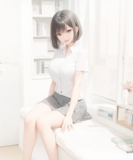 best quality, 1girl,sitting on the bed,indoors, windows back in the left,big breasts, bookshelf, (black hair),school uniform, kpop idol,