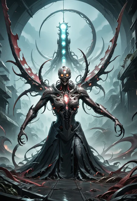 biomechanical, score_9, score_8_up, score_7_up, score_6_up, score_5_up, very aesthetic, fleshmutant, science fiction, mechanical parts, biohazard, glow, cyberpunk, biopunk, A towering celestial entity of biomechanical design, both divine and nightmarish in form. Countless metallic wings, layered like blades of a great machine, extend from its back in a shifting halo of luminous, golden-steel feathers, each one inscribed with ever-changing scripture. A writhing mass of interlocking rings and shifting, eye-covered plates forms its core, spinning in synchronized, unsettling perfection. Every eye glows with an otherworldly radiance, unblinking and omniscient, their gaze piercing through the soul. Tubes and sinewy cables weave through its body, pulsing with strange, ethereal fluids, sustaining its impossible existence between flesh and divine machinery. Its voice is a chorus of overlapping frequencies, both holy and inhuman, resonating with commands that shake reality itself. Beneath its many wings, glimpses of elongated tentacles—part organic, part metallic—move with eerie precision, each finger tipped with delicate, needle-like extensions. The presence of the entity is overwhelming, evoking awe and terror, as if reality itself strains to comprehend its form. The backdrop is a sky torn apart by radiant fractal light, where the fabric of existence bends in reverence to its impossible holiness.