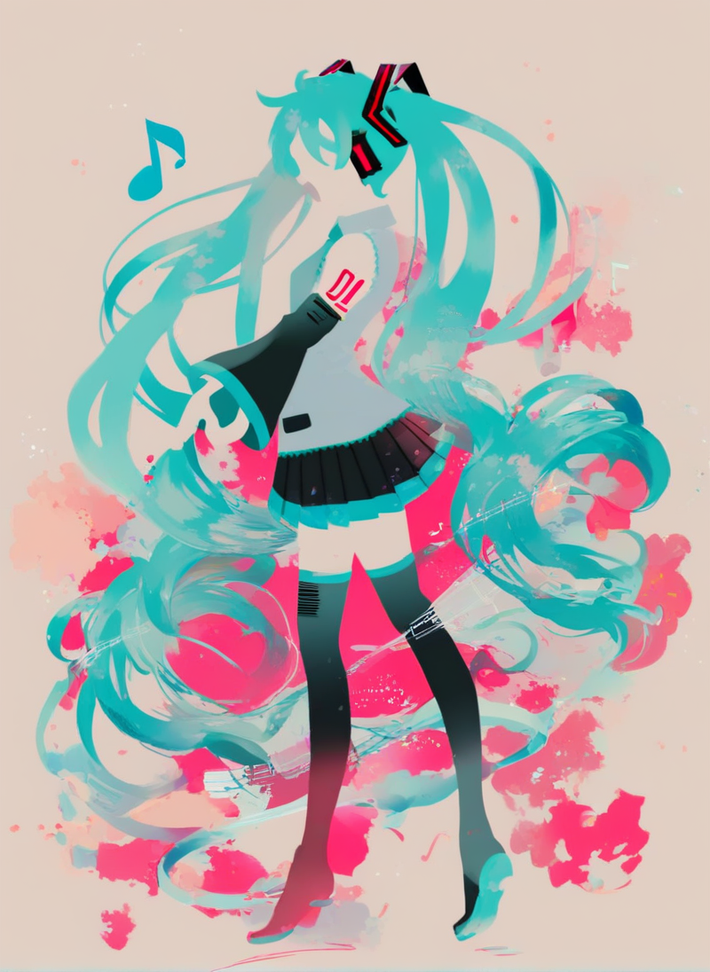 sambanekostyle, score_9, score_8_up, score_7_up, score_6_up, score_5_up, score_4_up,
(simple background:2.0), hatsune miku, adult, 24 years old, skirt, music notes,
standing, full body, from side, centered composition,
<lora:SambaNekoStyle_v310:1>