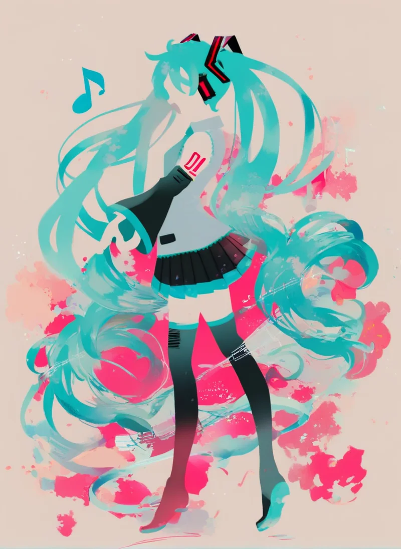 sambanekostyle, score_9, score_8_up, score_7_up, score_6_up, score_5_up, score_4_up,
(simple background:2.0), hatsune miku, adult, 24 years old, skirt, music notes,
standing, full body, from side, centered composition,
<lora:SambaNekoStyle_v310:1>