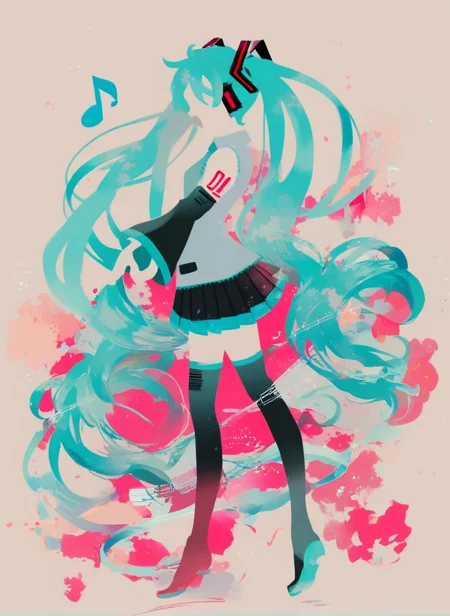 sambanekostyle, score_9, score_8_up, score_7_up, score_6_up, score_5_up, score_4_up,
(simple background:2.0), hatsune miku, adult, 24 years old, skirt, music notes,
standing, full body, from side, centered composition,
<lora:SambaNekoStyle_v310:1>
