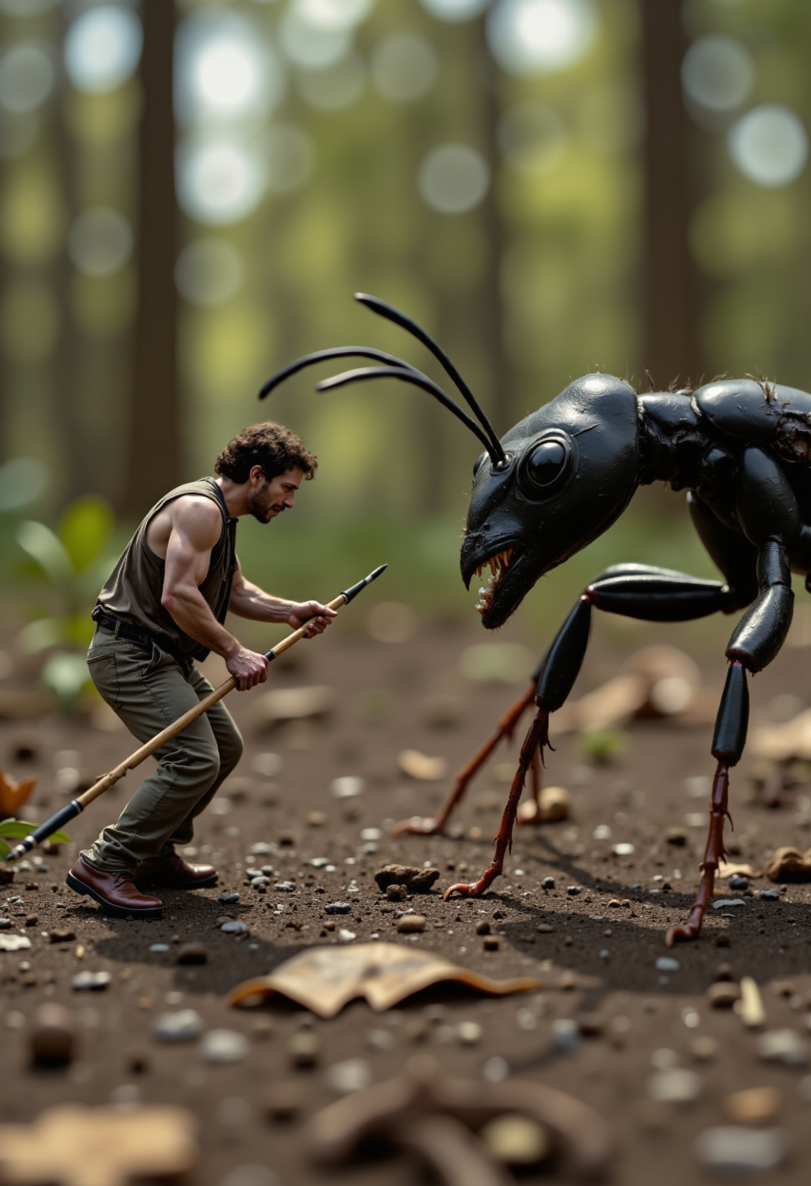 an intense daytime shot of a miniature man locked in battle with a large ant, its towering form looming over him as he grips a tiny makeshift spear. The antâs mandibles are open, ready to strike, while the man stands his ground, muscles tensed, in a defensive stance. Around them, the forest floor is littered with twigs, leaves, and dirt, appearing like a rugged battlefield. Sunlight filters through the trees above, casting dramatic shadows on the ground, highlighting the tension of the scene. The man's expression is fierce, his face determined as he faces the overwhelming size of the ant, making the confrontation feel like a life-or-death struggle in a world much larger than him.