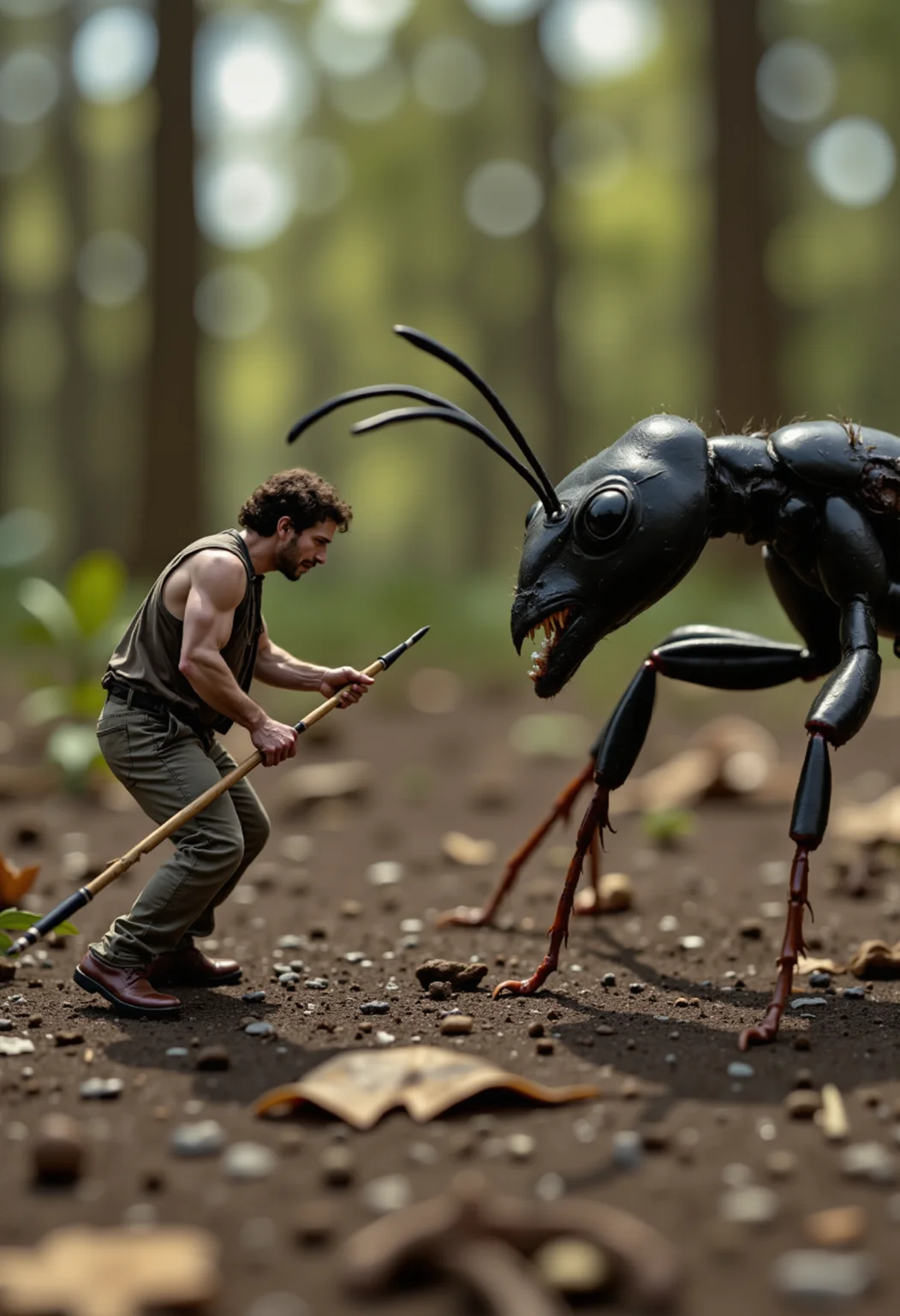 an intense daytime shot of a miniature man locked in battle with a large ant, its towering form looming over him as he grips a tiny makeshift spear. The antâs mandibles are open, ready to strike, while the man stands his ground, muscles tensed, in a defensive stance. Around them, the forest floor is littered with twigs, leaves, and dirt, appearing like a rugged battlefield. Sunlight filters through the trees above, casting dramatic shadows on the ground, highlighting the tension of the scene. The man's expression is fierce, his face determined as he faces the overwhelming size of the ant, making the confrontation feel like a life-or-death struggle in a world much larger than him.