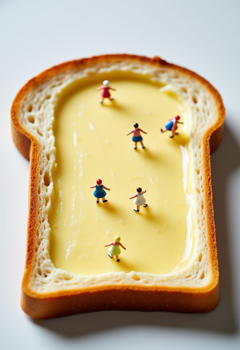 A slice of toast where the butter is a skating rink, and tiny figure skaters are performing spins and jumps on the glistening surface.